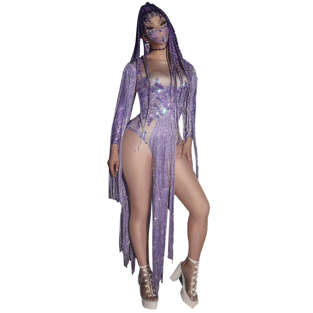 

Fashion Purple Crystal Sequin Long Tassel Leotard Women Rhinestone Bodycon Party Bodysuit Performance Dance Stage Costumes