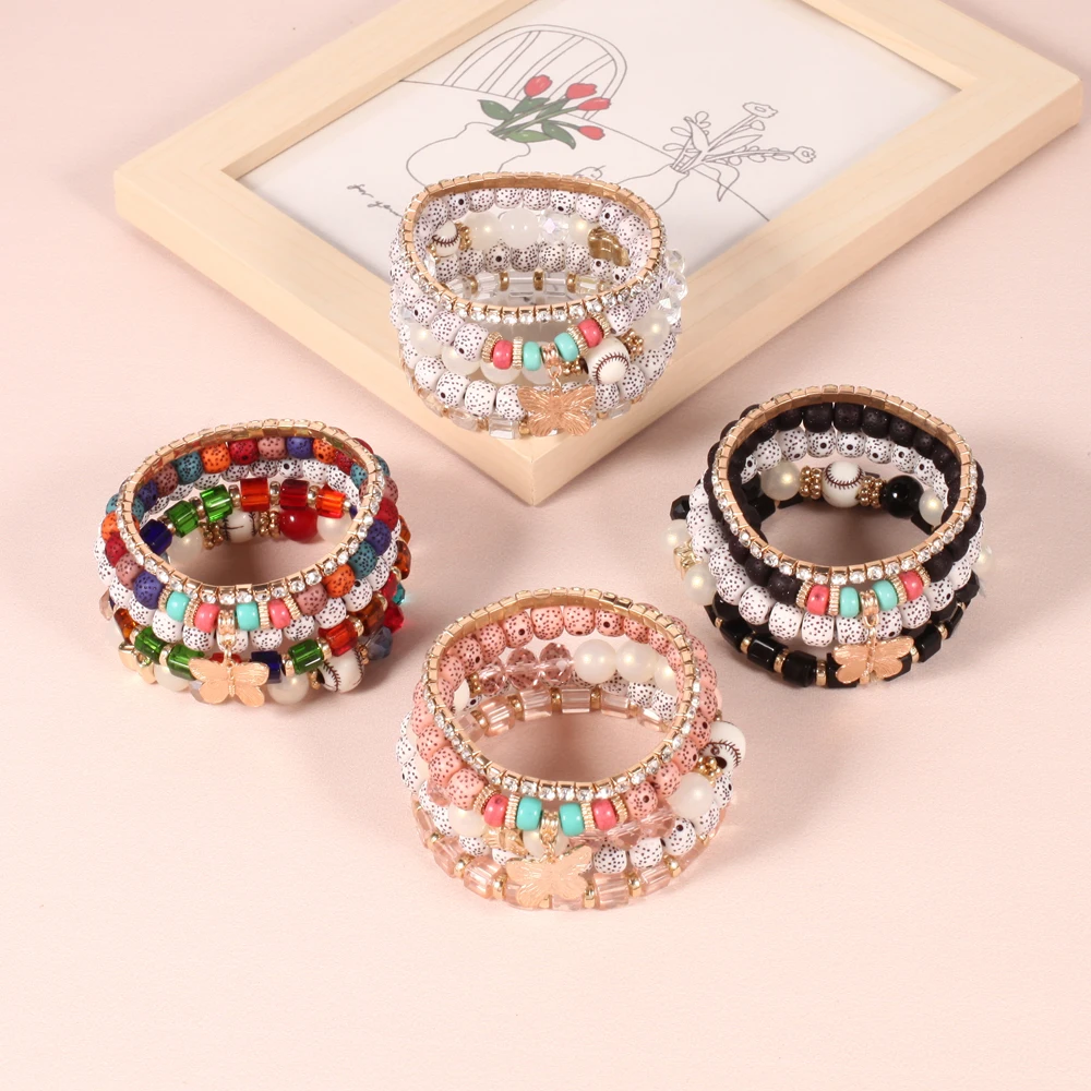 

Amazon Hot Sellings Rhinestone Pearl Butterfly Bracelet Set for Women Boho Custom Adjustable Colorful Bead Bracelets Jewelry, 4 colors