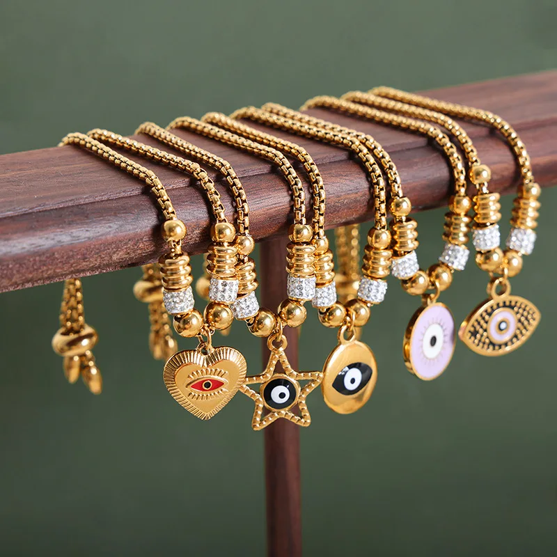 

High End Gold Plated Stainless Steel Vintage Colorful Enamel Eye Pendant Bracelet for Women Wholesale Jewelry