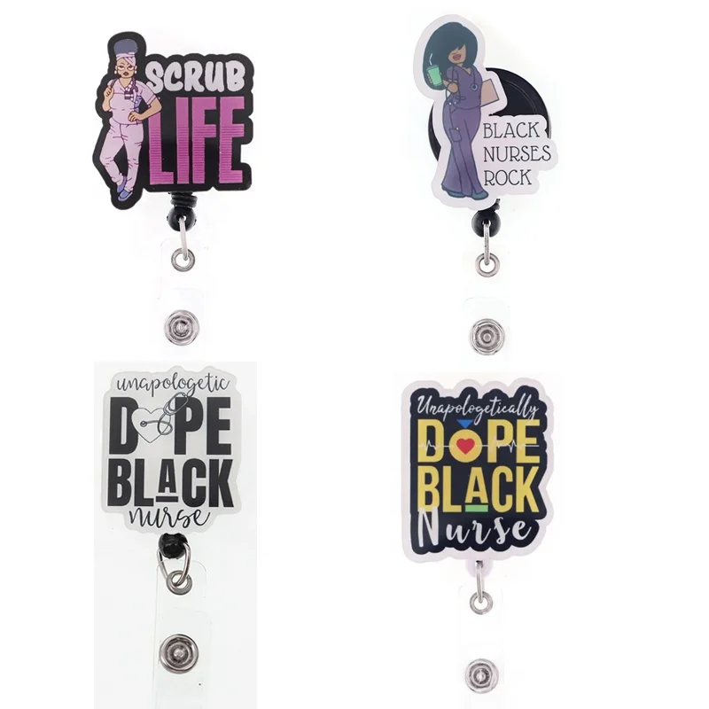 

New Fashion Acrylic Medical Badge Reel Scrub Life Black Nurses Rock Retractable Badge Holder For Decoration, Picture shows