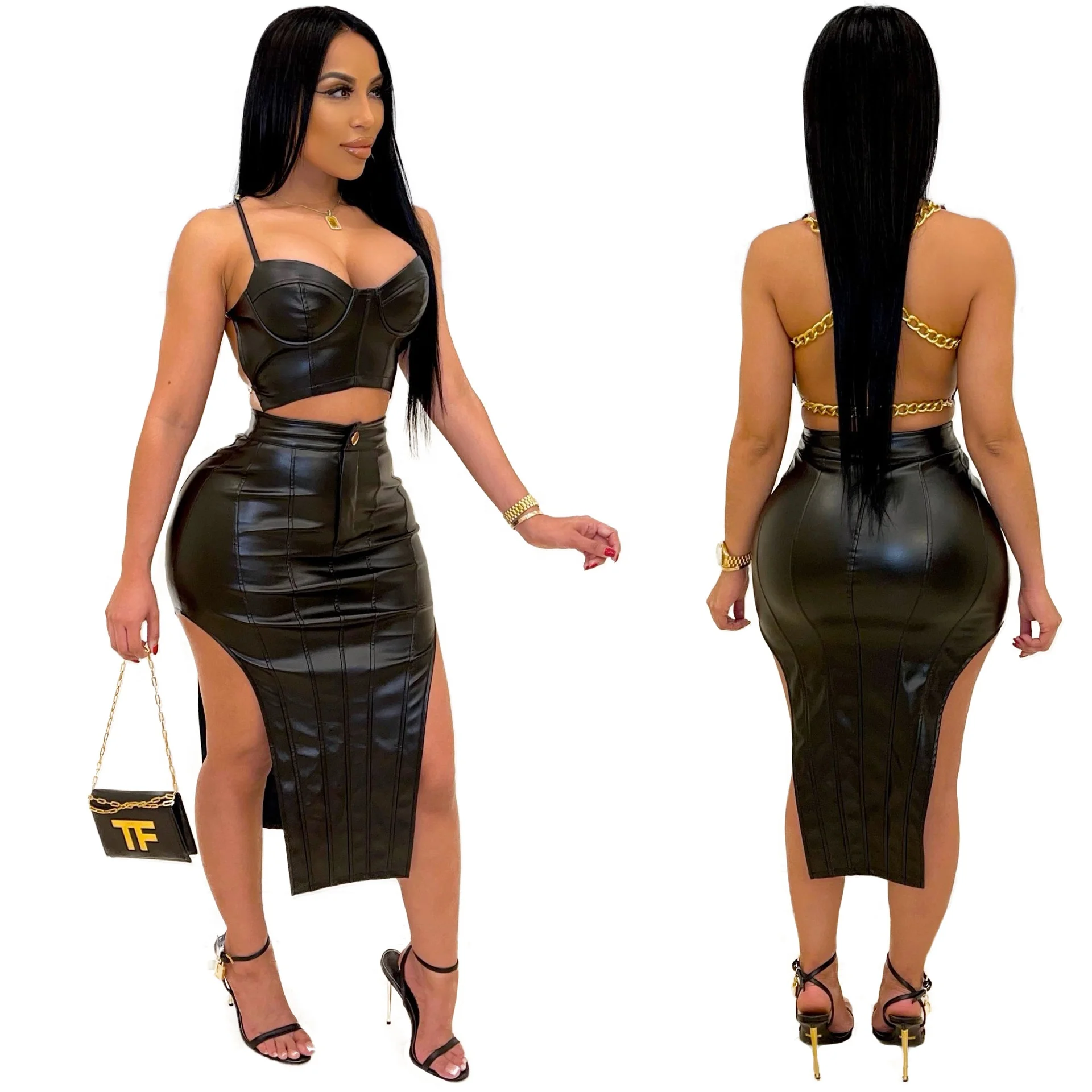 

LW 2022 new arrivals latest pu leather two piece skirt set with chain night club party wrap dress elegant women dresses sexy, Shown