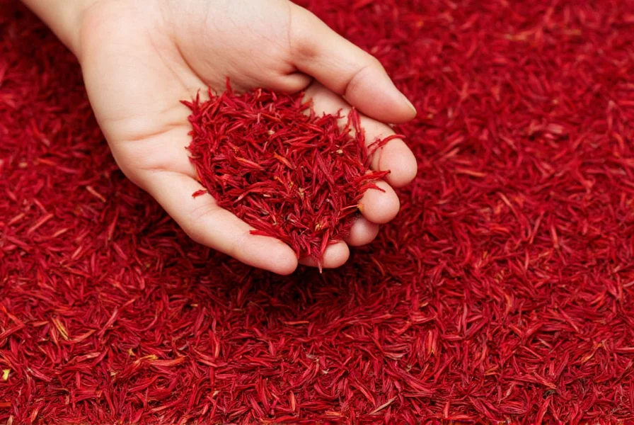 Close-up of authentic saffron threads in glass container showing deep red color with orange tips