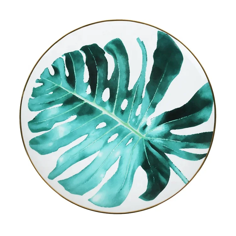 

Custom 12 Inch Restaurant Luxury Banana Leaf Design Tableware Elegance Dinner Sets Poland Fine China Ceramic Porcelain Dish, As shown