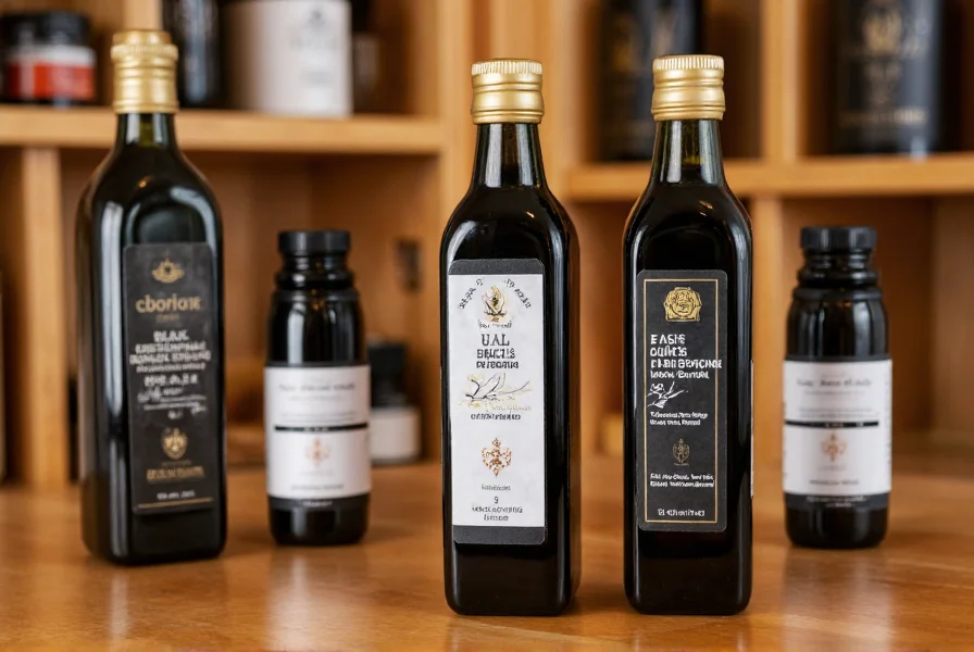 Black cumin seed oil bottles in dark glass containers with organic certification labels on a wooden table
