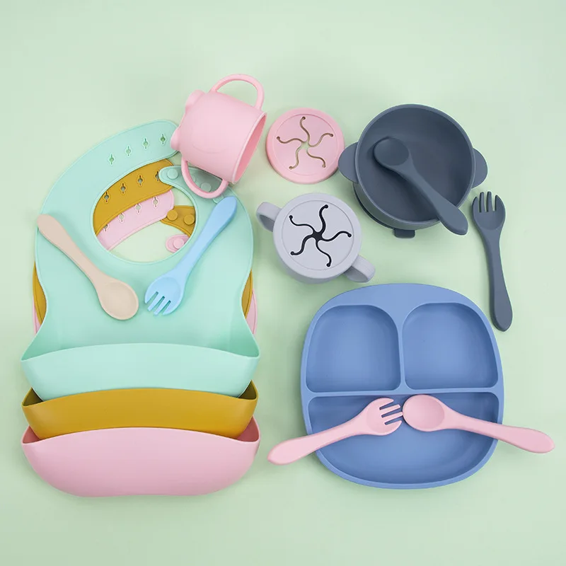 

Baby Supplementary Food Bowl Smiling Face Box Plate Baby Child Non-Slip Suction Cup Bowl Bib Training Silicone Feed Set