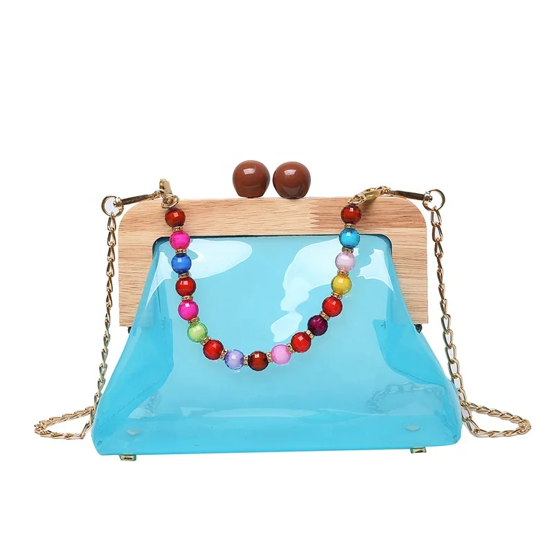 

2021 Wooden Pearl Handle Ladies Clutch Tote Pure Handbag Cross Chain Shoulder Small Hand Bags Women Jelly Travel Bag