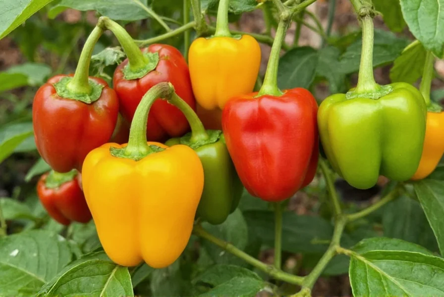 Colorful assortment of bell peppers in various stages of growth on plant