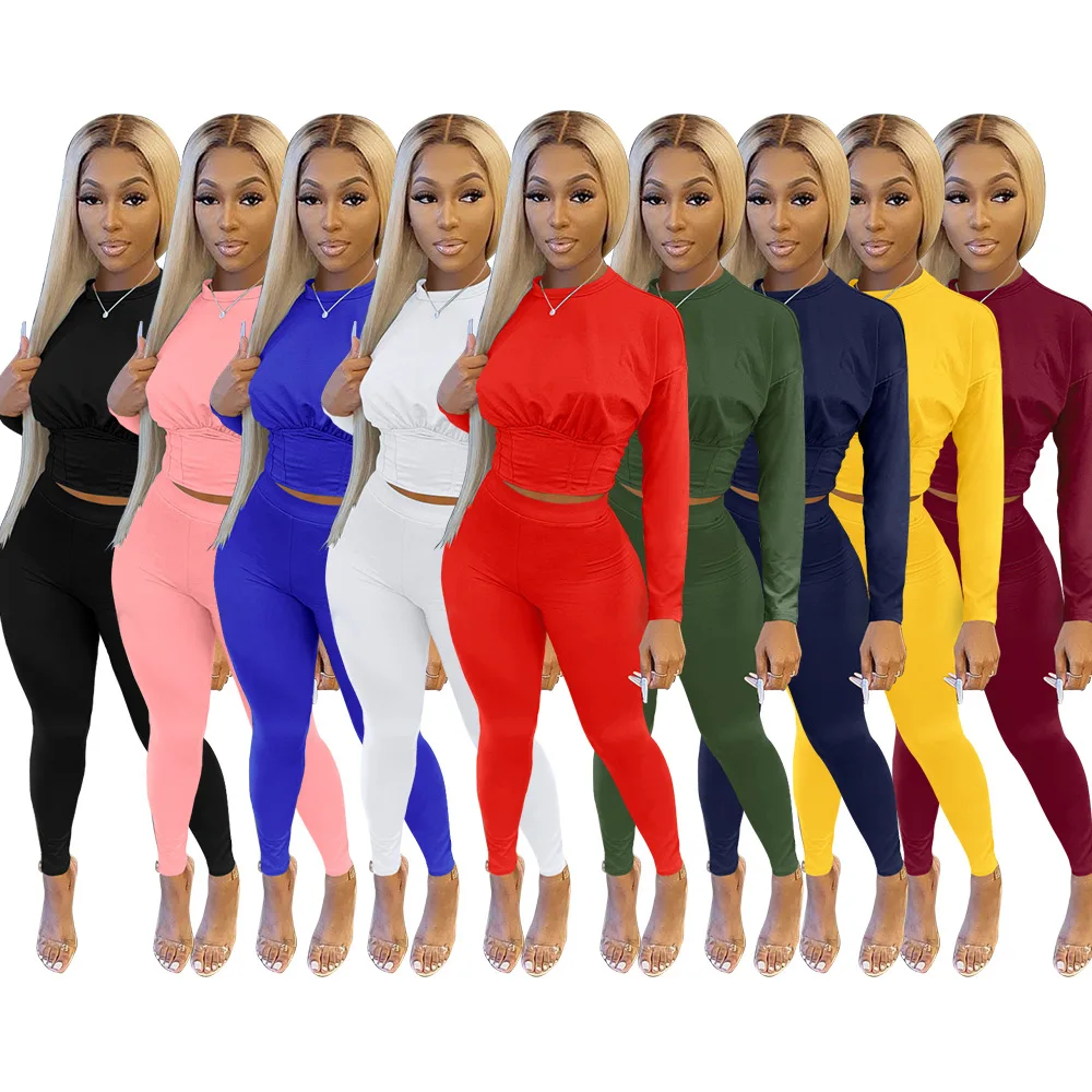 

OR-H0119 Fashion Fall Outfit Solid Color Sports Wear Corset Sweat Suit Long Sleeve Custom 2 Piece Fall Set Women, As pics