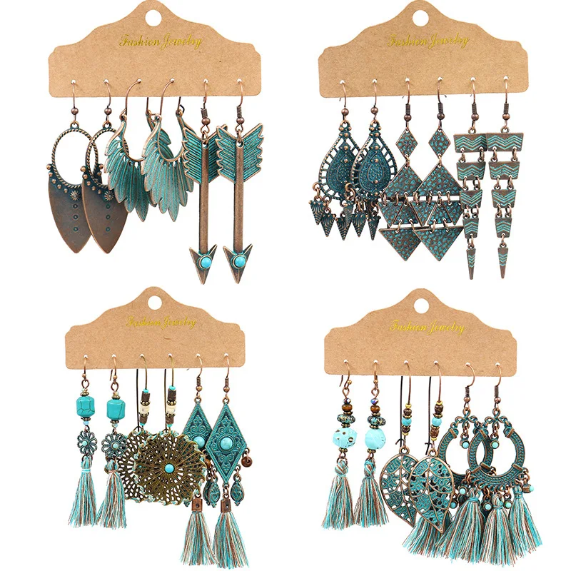 

Newest Vintage Ethnic Style Set For Women Bohemian Flower Tassel Geometric Drop Earrings, As a picture