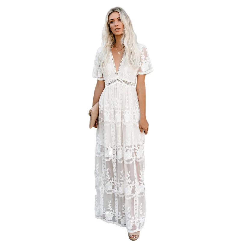 

New Casual Women Floral Dress Short Sleeves Ankle-Length V Neck Lace Maxi Dress