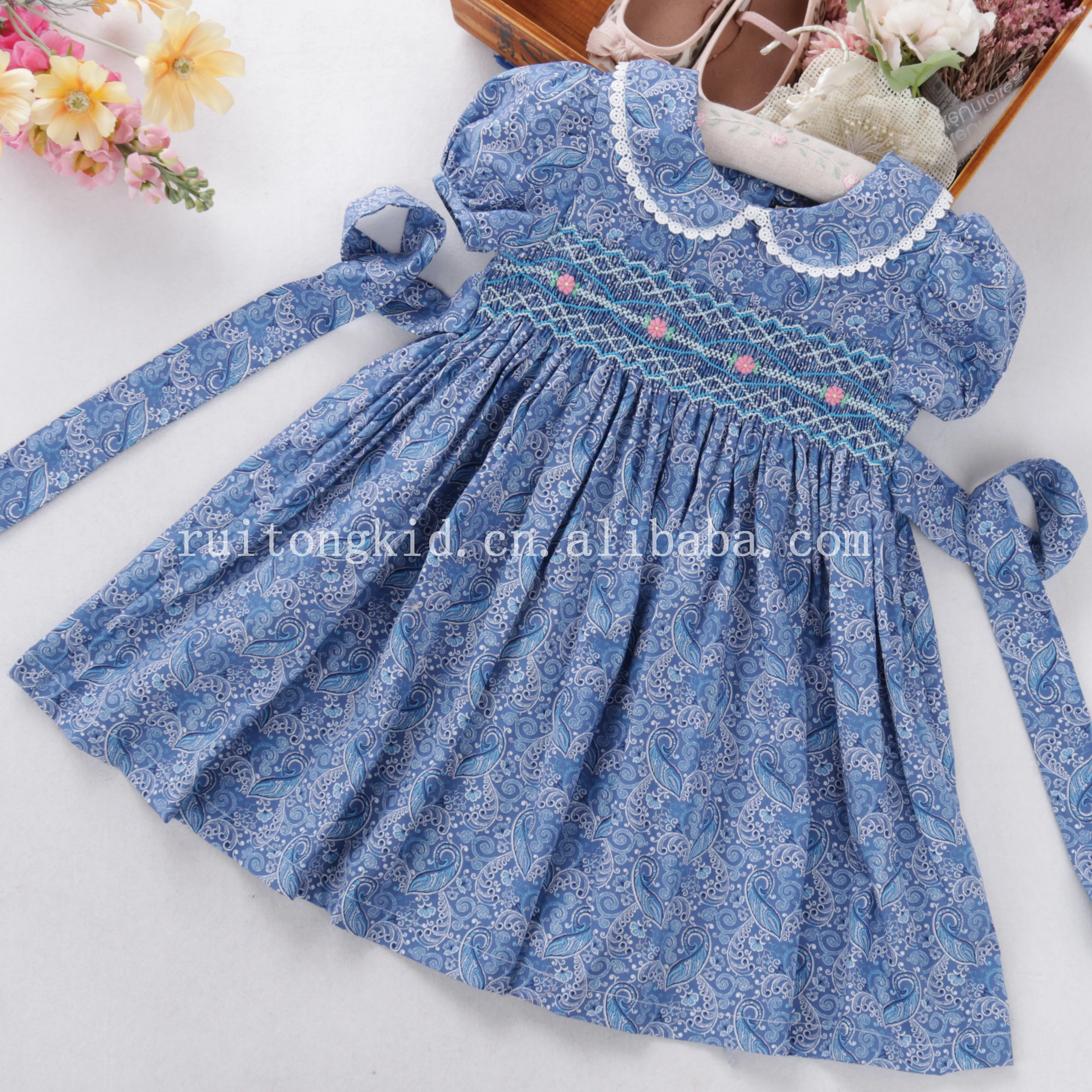 

C262673 summer flower floral baby girls' smocked dresses Blue peter pan collar wholesale children clothes boutiques
