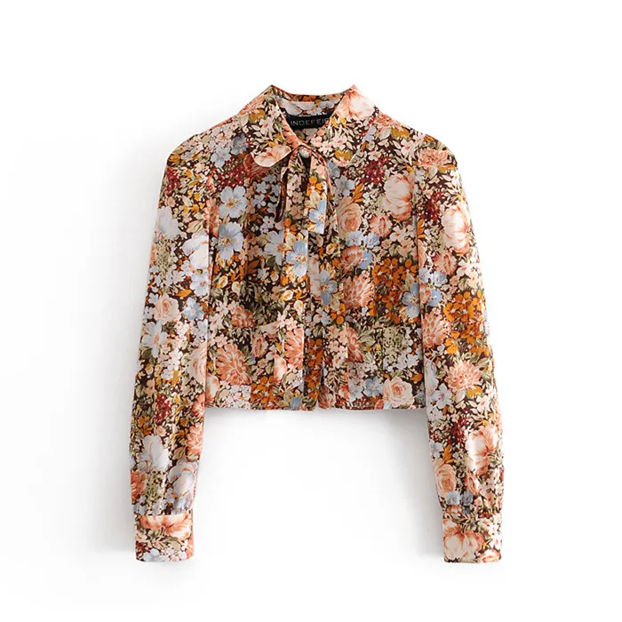 

CS453 Autumn Women Floral Print Short Design Long Sleeve Ribbon Deco Shirt Blouse Ladies Blouses Tops Clothing