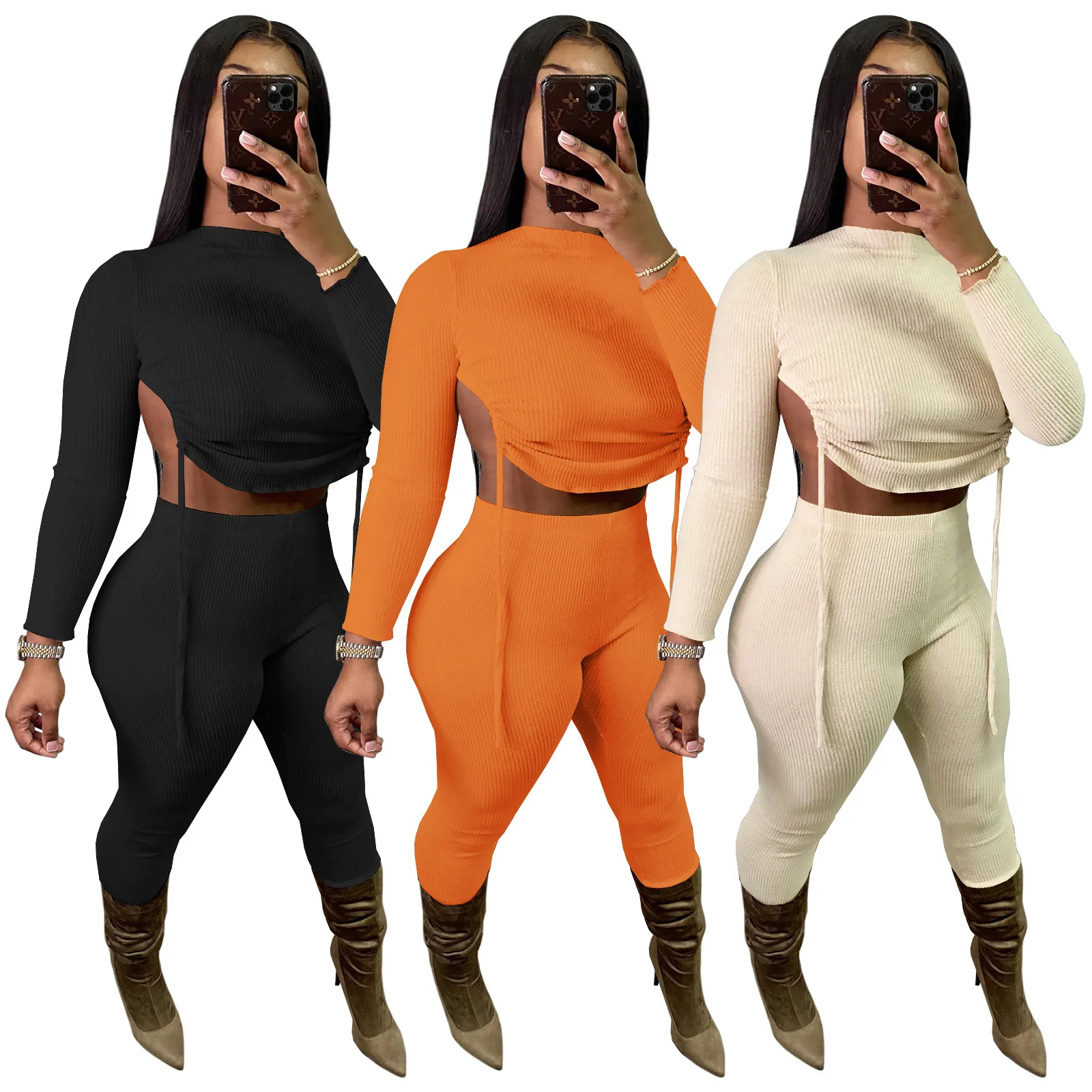 

Fall 2021 women clothes backless drawstring gym outfit pleated nightclub two piece set women clothing casual two pIece seti, As show