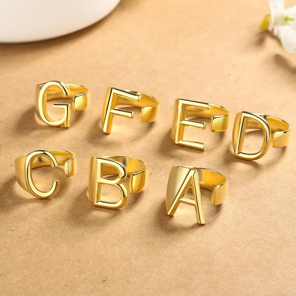 

Chunky Wide Hollow A-Z Letter Gold Colors Metal Adjustable Opening Ring Initials Name Alphabet Female Party Fashion Jewelry