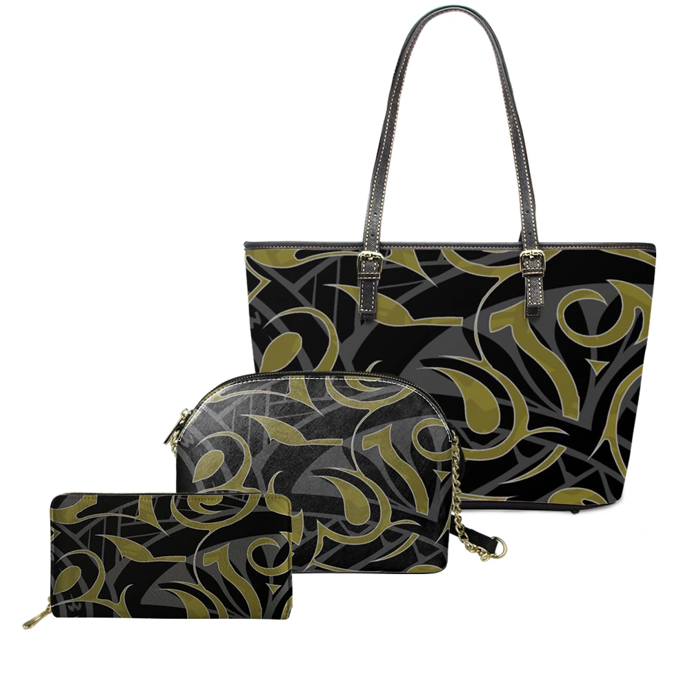 

Luxury 3 In 1 Ladies Bags Handbags Set Custom Fashional Handbags Matching Wallet Black Polynesian Tribal Pu Leather Handbags, Customized color