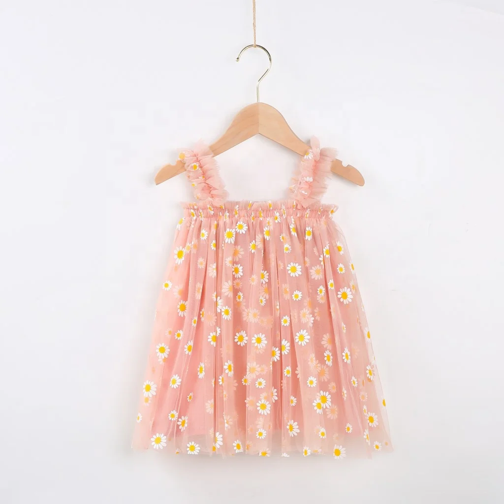 

korean girl summer dresses baby girl daisy flower strap tulle lace princess dress, As picture