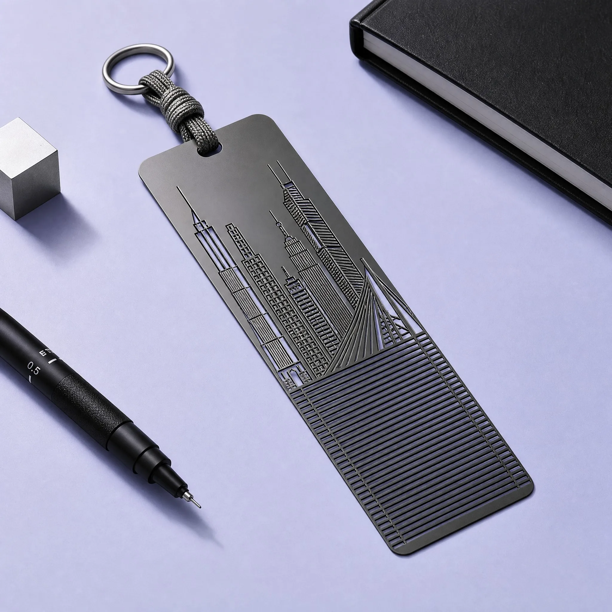 Custom Modern City Skyline and Bridge Matte Gunmetal Stainless Steel Bookmark with Paracord Knot