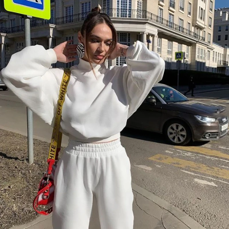

2021 Autumn Winter Women's Suits Crop Top Pullover Elastic Waist Trousers Women Two Piece Sets