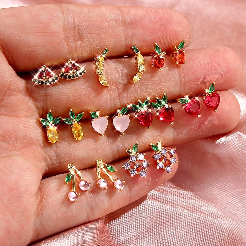 

Korean Friendship Party Jewelry Gift for Women Girls Small Cute Crystal Fruit Earrings Sweet Multicolor Fruit Stud Earrings, 9 fruit