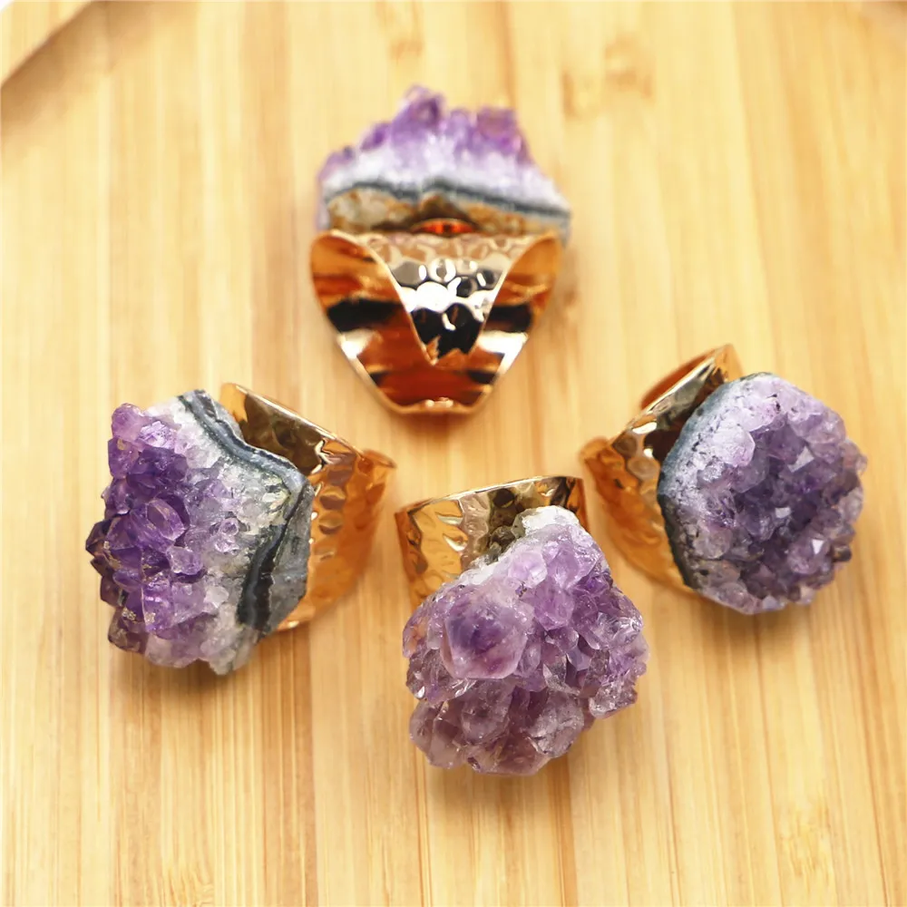 

Vintage Style Jewelry Opening Design Gold Plated Natural Druzy Crystal Stone Amethyst Cluster Ring for Gift