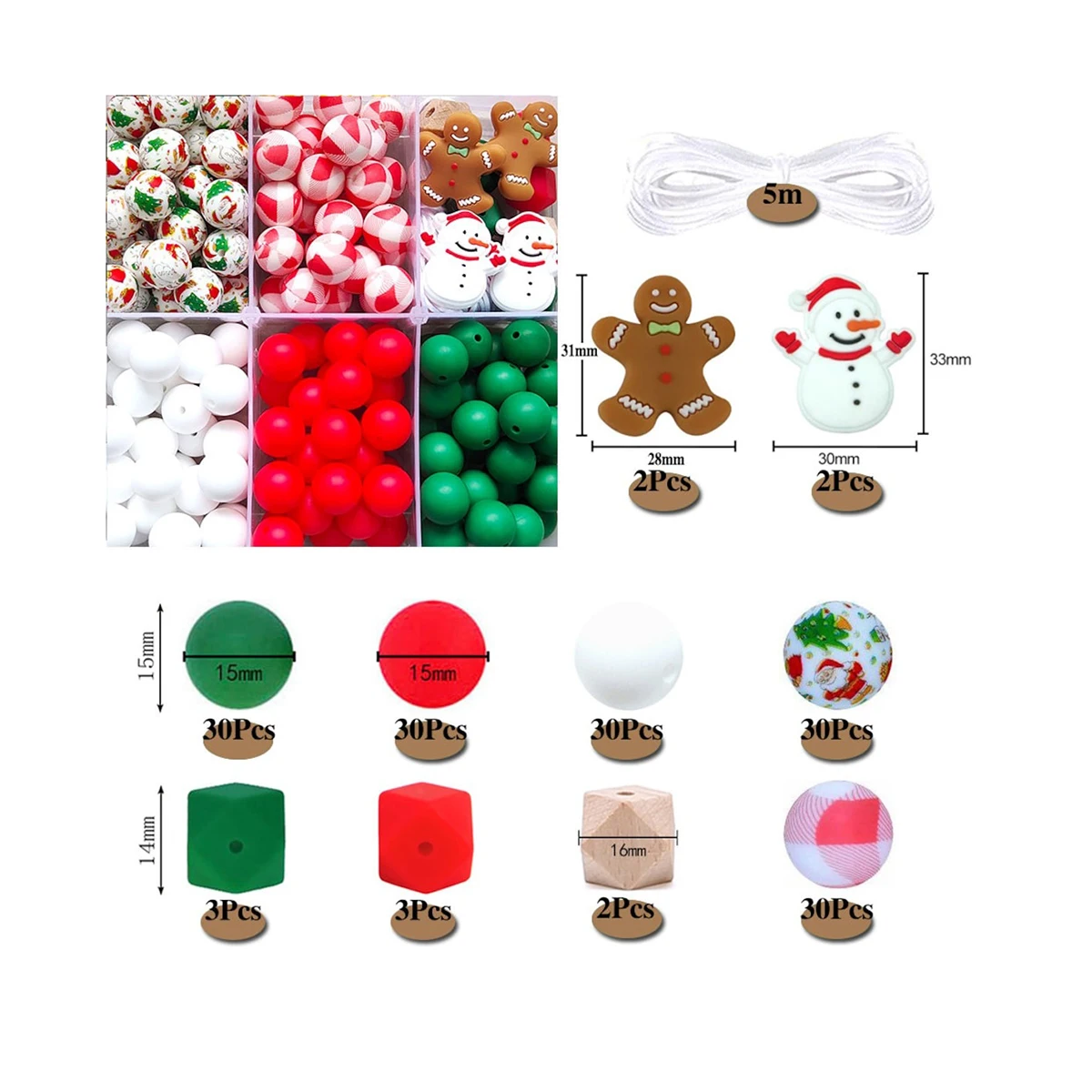 

160pcs Christmas Assorted Silicone Beads Elk Santa Claus Snowman Mixed Silicone Beads Kit For Keychain Making