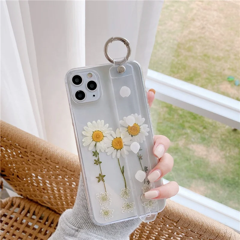 

Handmade Real Dry White Daisy Pressed Flower epoxy with Wrist Strap shockproof phone Case for iphone 12 11 pro max x 7