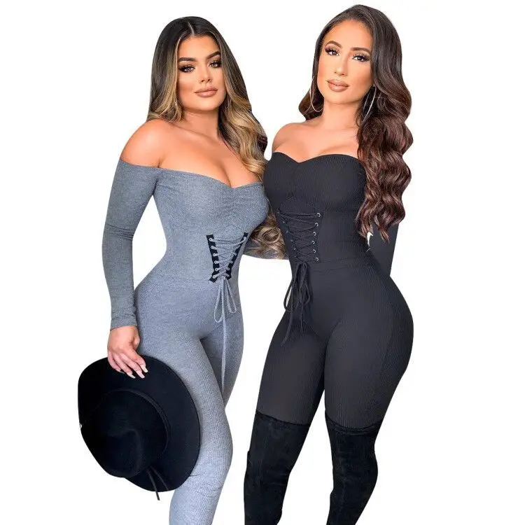 

New Arrivals 2021 Sexy Ladies Cloth Set Long Sleeves Solid Girls' Jumpsuit Off Shoulder Bandage Corset Ribbed Rompers, Custom color