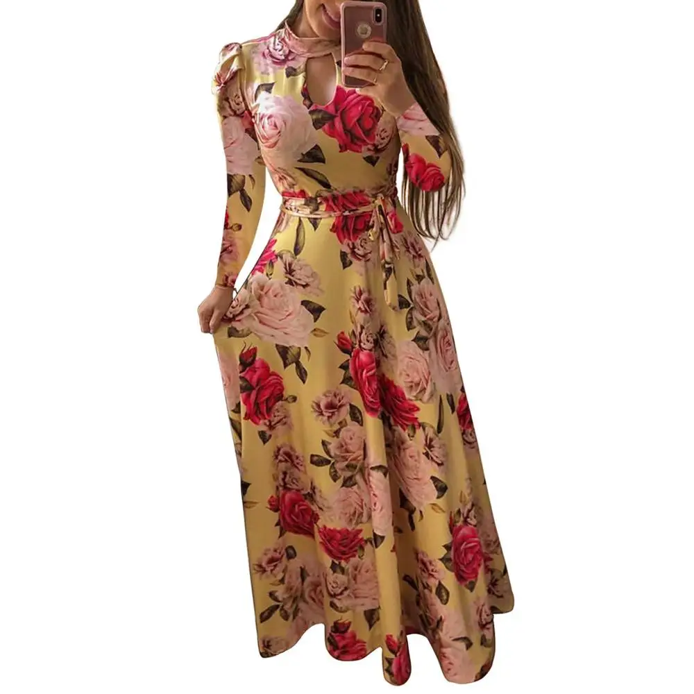 
Plus size women clothing floral print long sleeve casual maxi dresses 