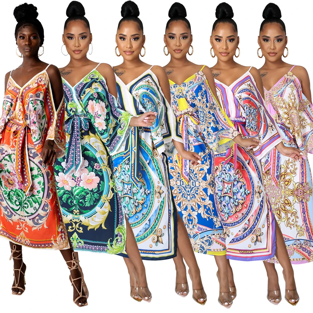 

African Girl Fashion Digital Print Sexy Sling Wide Loose Sleeves V Neck Slit Dress Women, Customized color