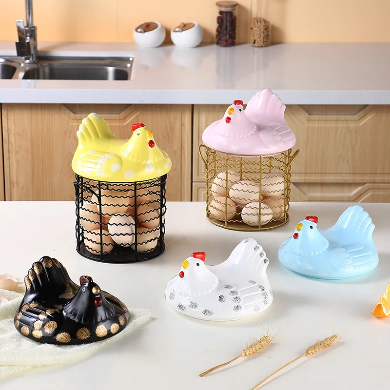 

Factory Direct Sale Portable Metal Wavy Round Shape Hen Ceramic Cover Egg Storage