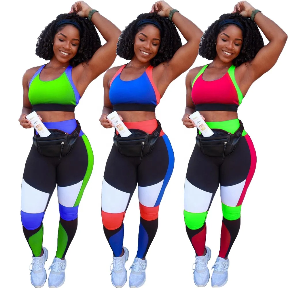 

Summer Womens Legging Yoga Fitness Sets Custom 2021 Sexy High Waisted Contrast Color Sportswear Two Piece gym clothing for women, Picture