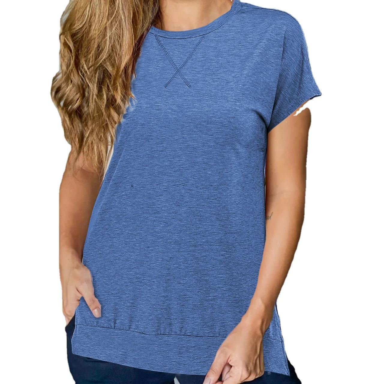 

2021 new solid color round collar split women's t-shirts