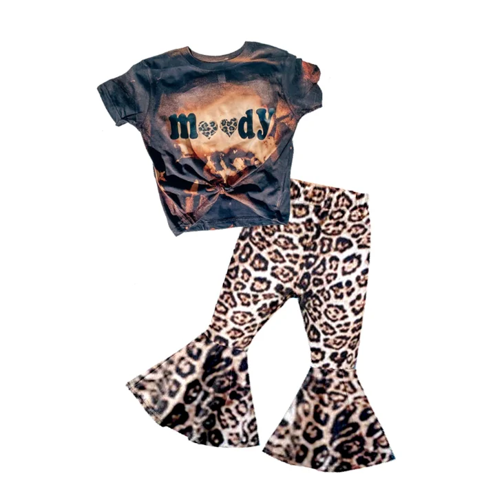 

2020 Top sale kids infant girls moody tie dye short sleeve top leopard bell bottom pants outfits baby no moq stock clothing set, Same as picture