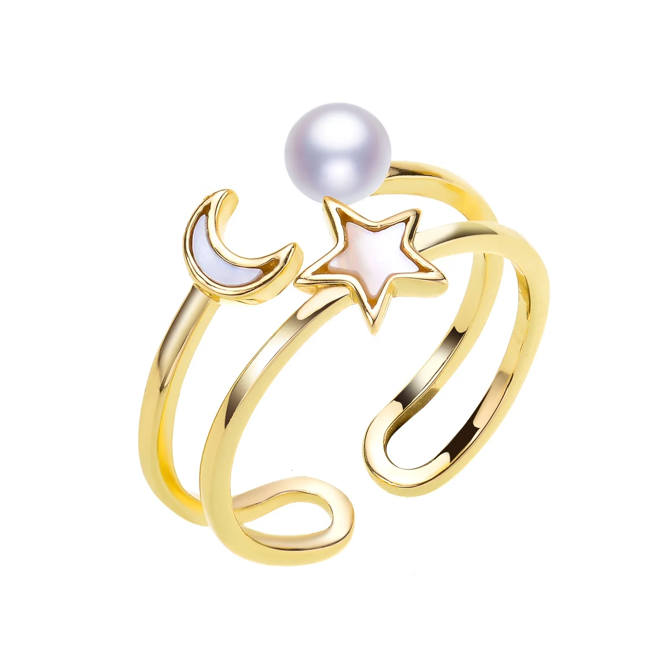 

Cheapest Price 925 Silver Plated 14K Gold  Freshwater Pearls Best Choice Moon Star Pearl Rings, White