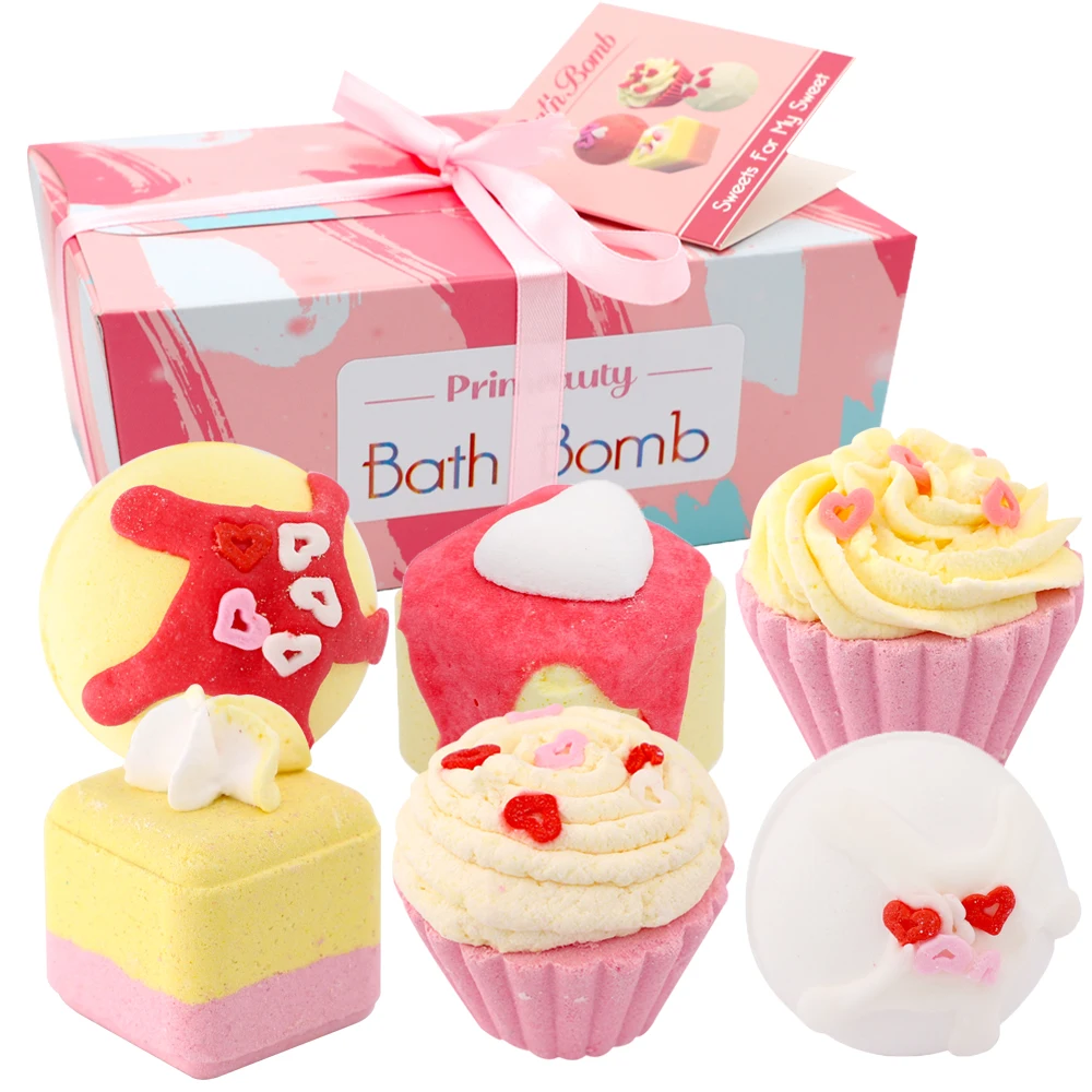 

wholesale novelty best natural custom private label gift box packaging color pink kid cute ice cream sweet cupcake bath bombs