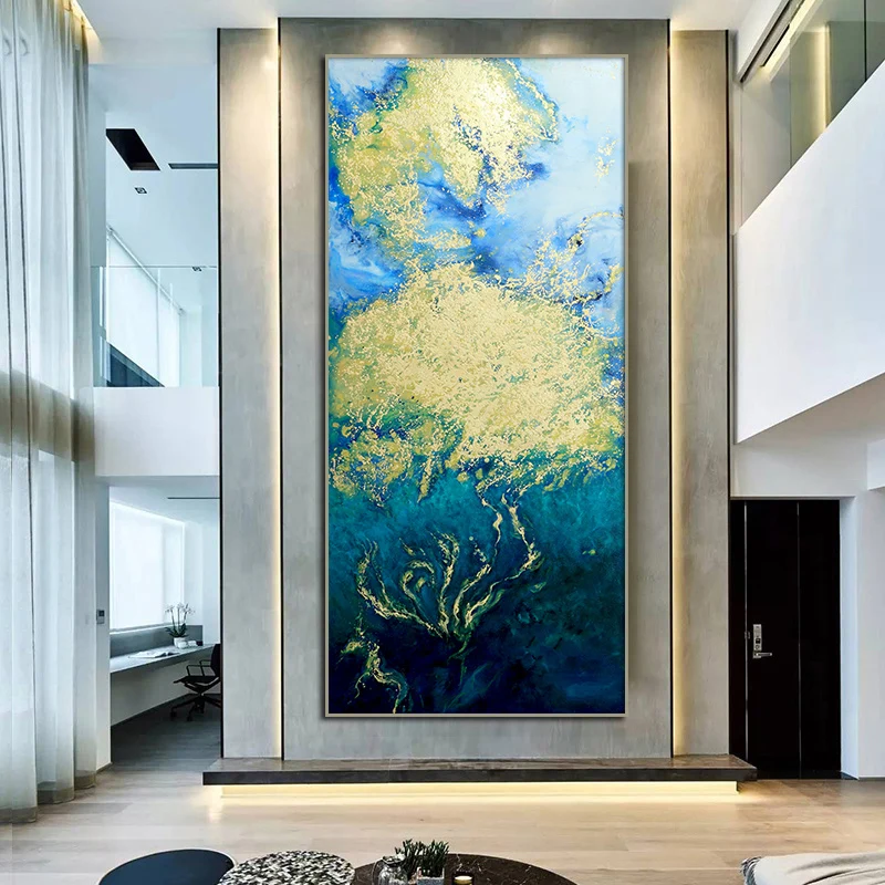 

Abstract Blue Gold Landscape Oil Paintings on Canvas Ocean Scenery Posters Prints Gold Foil Wall Art Pictures Living Room Decor