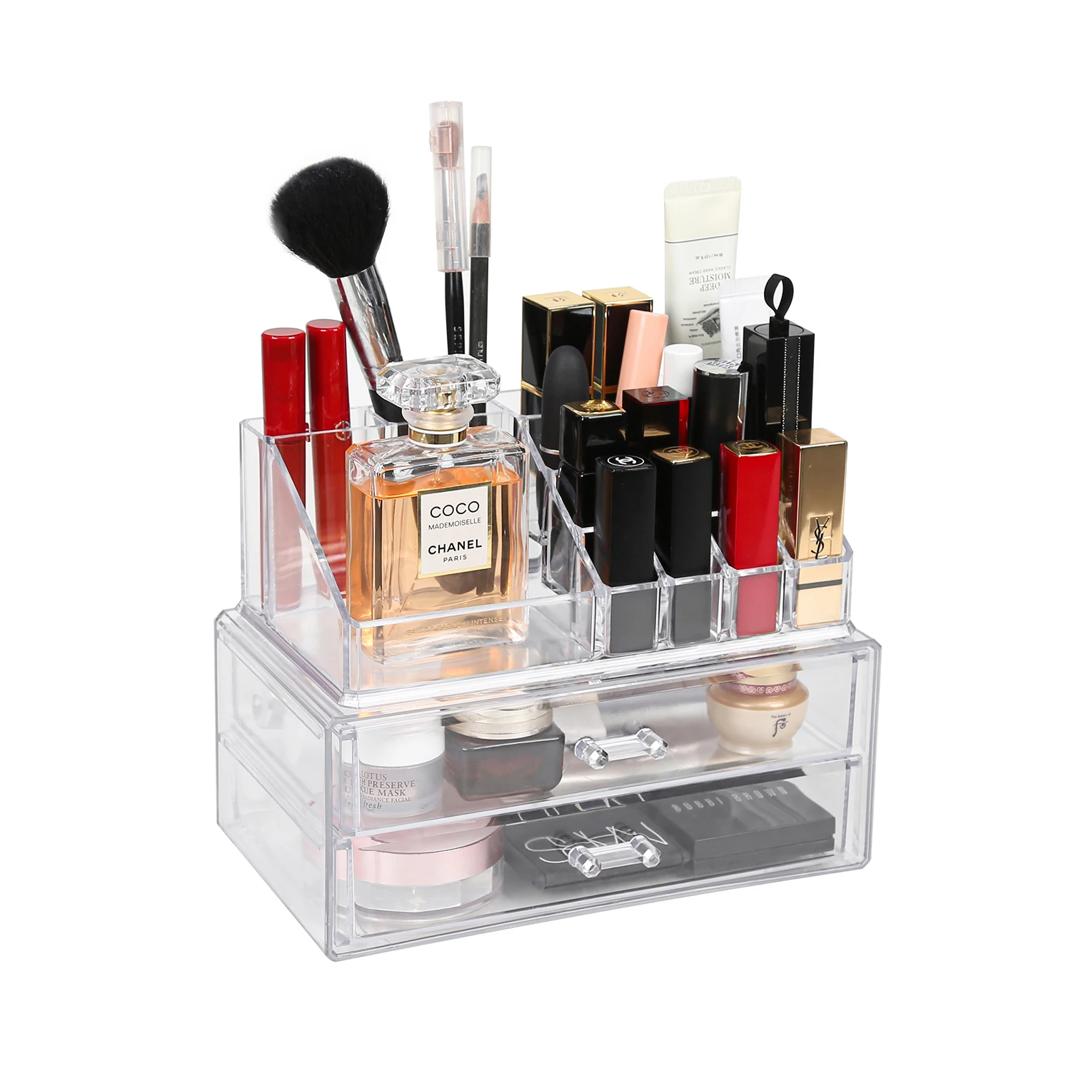 

Makeup Cosmetic Storage Organizer Two Pieces Set , Jewelry, Accessories, Bathroom or Dresser, Clear Design Cosmetic Display Case