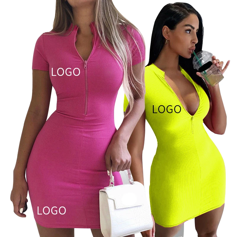 

Fashion Style Solid color Short Sleeve Bodycon Dress Zipper summer dresses women casual