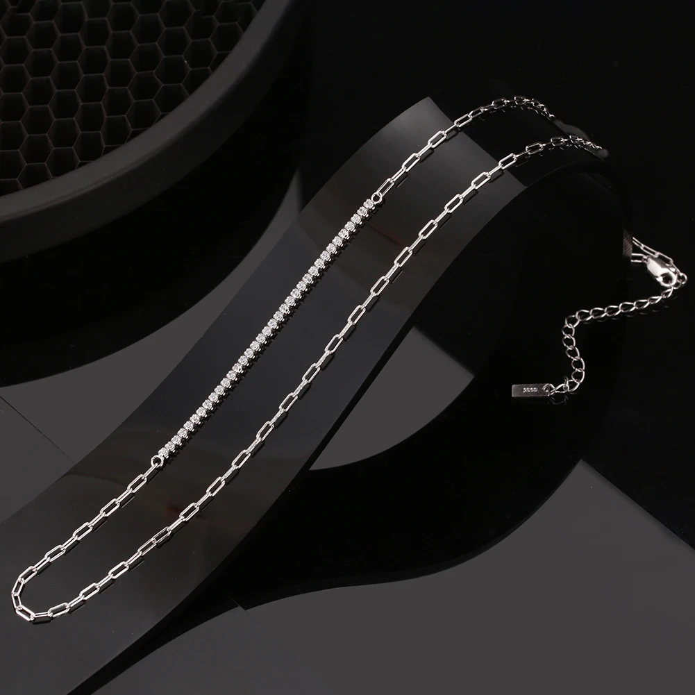 RINNTIN SC63 Silver S925 White Round 5A Cubic Zircon Double Design Tennis Chain Paper Clip Chain Necklace