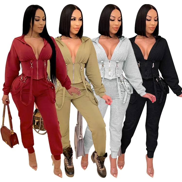

Women Clothing Sweat Suits Outfits Joggers Hoodies Crop Top Two Piece Pants Set, Black / tan / gray / red