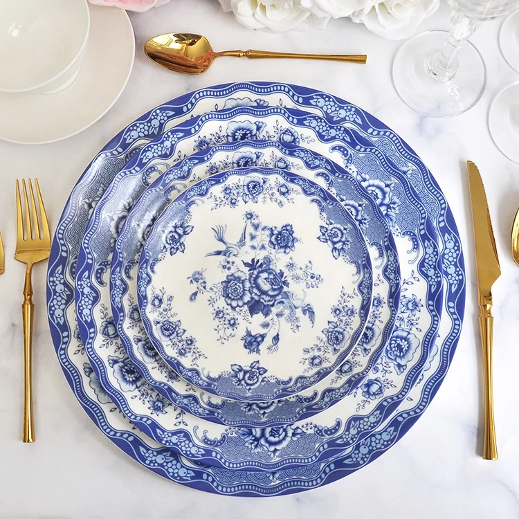 

custom printed hotel bone china dinner plate set blue porcelain dessert plate bread plate