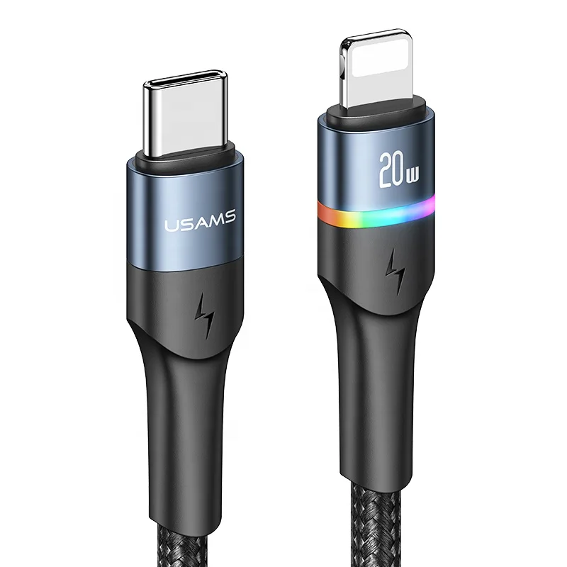 

USAMS 2022 New Type-C To Lighting PD 20W Fast Charging Data Cable With Colorful Light 1.2M Cable For iPhone 13 12 Series, Black, gold