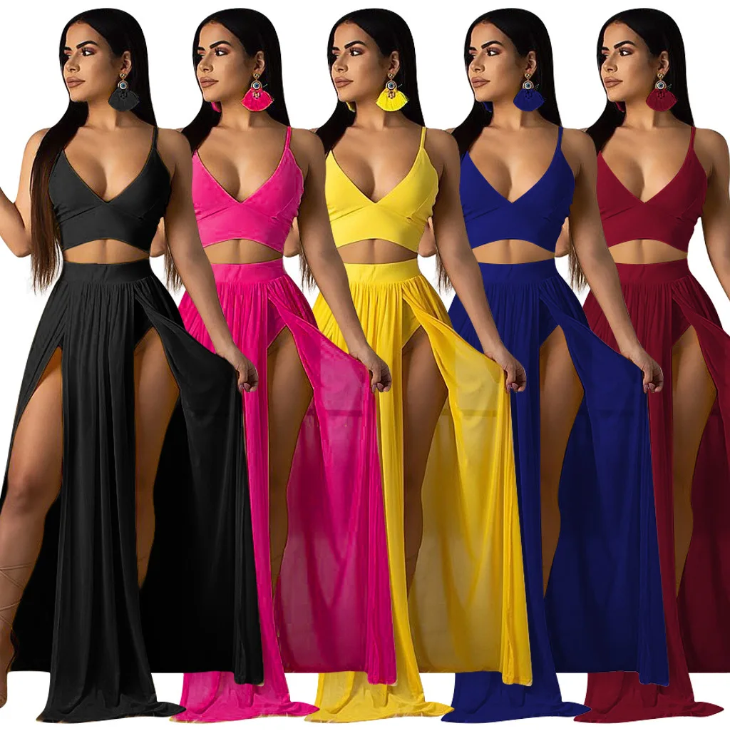 

Women's Sexy Summer 2 Piece Maxi Chiffon Dress Crop TopSkirt Set Beachwear Deep V Neck Sleeveless Backless long dresses