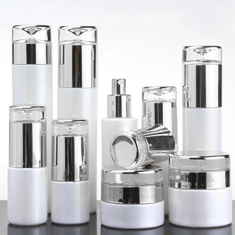 

Fuyun Cosmetics Containers Packaging Glass White Empty Cosmetic Containers Cream Toner Glass Bottle and Jars Set