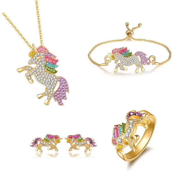 

Simple Colorful Unicorn Inlaid Zircon Set Necklace Bracelet Earrings Rings Set for Women Girls Gold Adjustable Jewelry (KJ076), Same as the picture