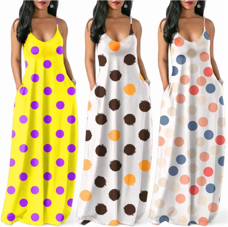 

Women's V-neck sling spaghetti strap sleeveless polka dot long maxi dress