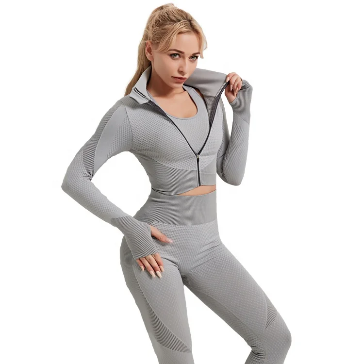 

3 Pieces Long Sleeve Sport Bra Crop Top Leggings Active Wear Set With Jacket Custom Logo Printed Seemless Yoga Sport Sets Gym, Blue, black, grey, green, pink, army green, wine red