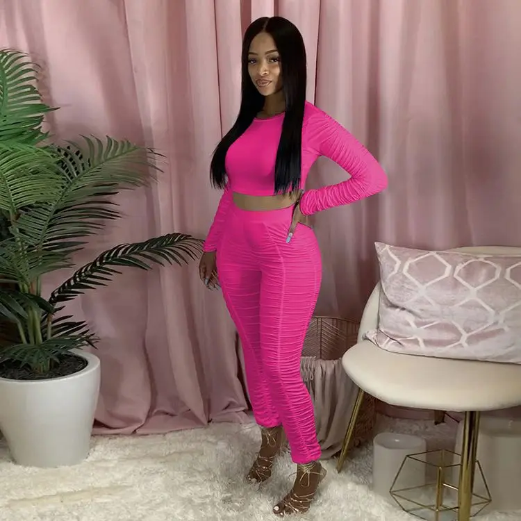 

Wholesale Fall Clothing For Women Fitness Long Sleeve Solid Color Two Piece Track suit Stacked Pants Sets, White,black,rose red