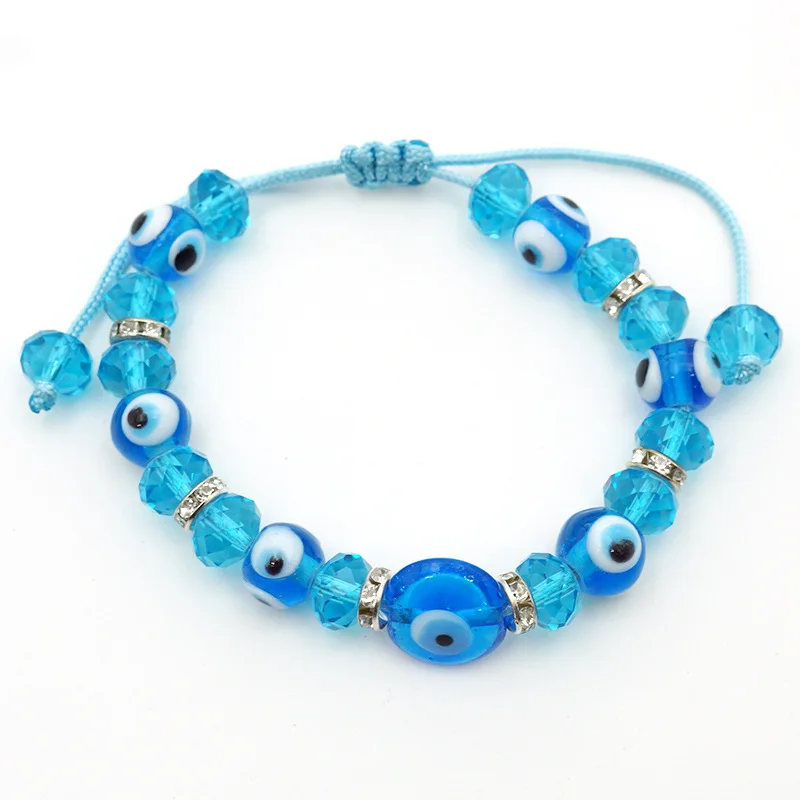 

Ins Hot Selling Adjustable Lake Blue Glazed Crystal Beads Turkish Eyes Bracelet Braided Rope Blue Evil Eyes Beaded Bracelet