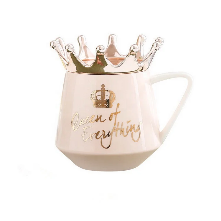 

multicolor white pink blue Queen of everything gold gilded crown lid ceramic porcelain mug cup, 3colos